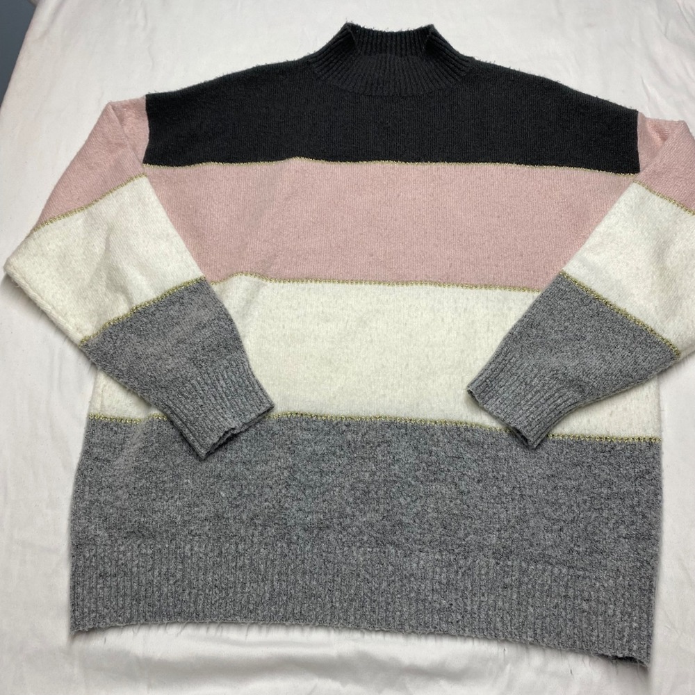 Tint & Shadow Womens XL Colorblock Mock Neck Sweater Metallic Gold Pink Grey - Picture 1 of 7